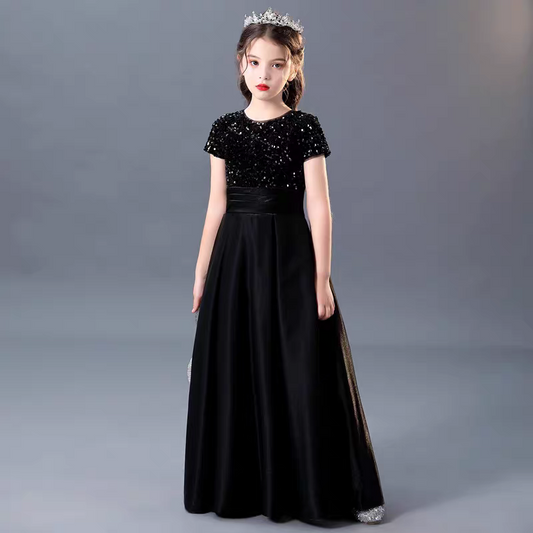 (Size 150) Clearance Girls Black Long Dress Satin Sequins Performance Dress Music Concert Piano Violin Performance Costume Host Stage