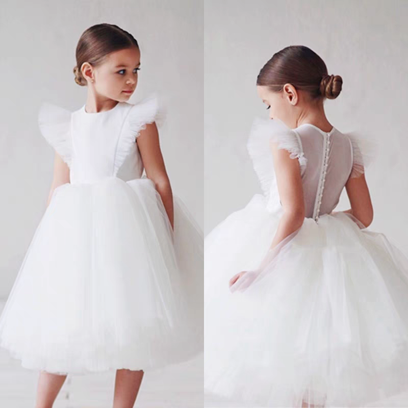 EG-SALE-AME-00108 Western-style children's fluffy tulle princess dress flower girl wedding little girl dress white birthday piano performance dress