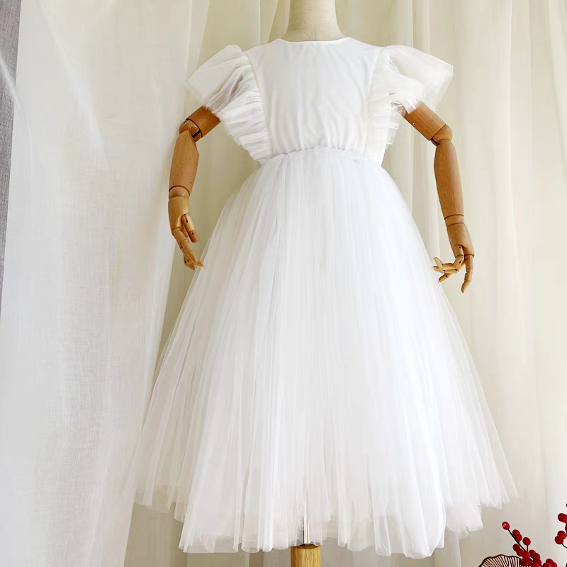 EG-SALE-AME-00108 Western-style children's fluffy tulle princess dress flower girl wedding little girl dress white birthday piano performance dress