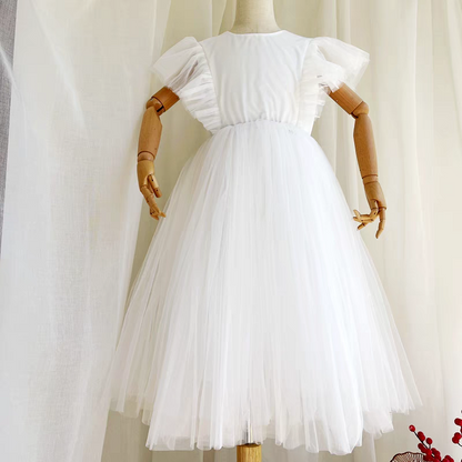 EG-SALE-AME-00108 Western-style children's fluffy tulle princess dress flower girl wedding little girl dress white birthday piano performance dress