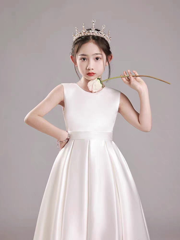 EG-SALE-AME-00202 Children's dress high-grade white girl princess dress host satin big child speech piano performance costume