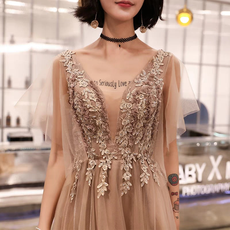 Banquet evening dress long section winter champagne dream show host dress birthday party dress female