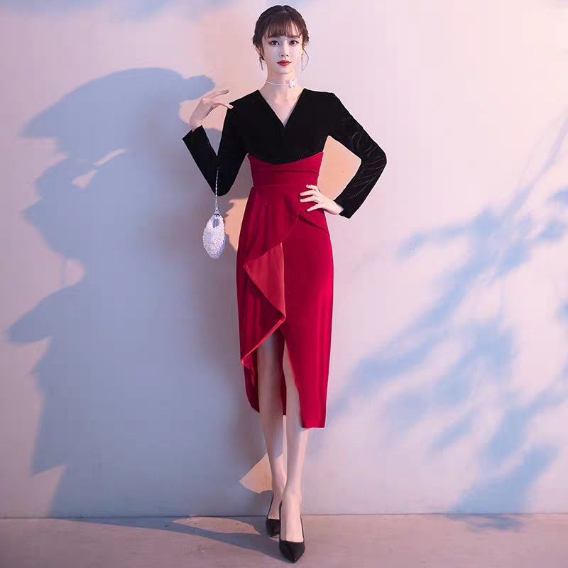Banquet temperament small evening dress can usually wear the new long-sleeved french party dress women