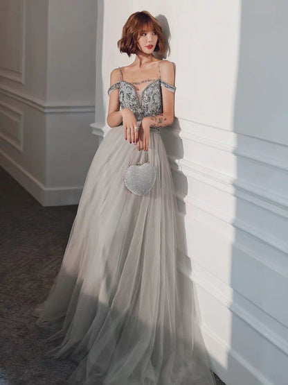 Banquet evening dress female 2019 new noble temperament slim slim birthday host show dress skirt long section