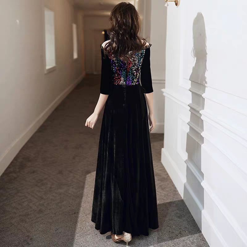 Evening dress skirt female 2019 new winter long black sequin velvet high-end atmosphere temperament big elegant banquet