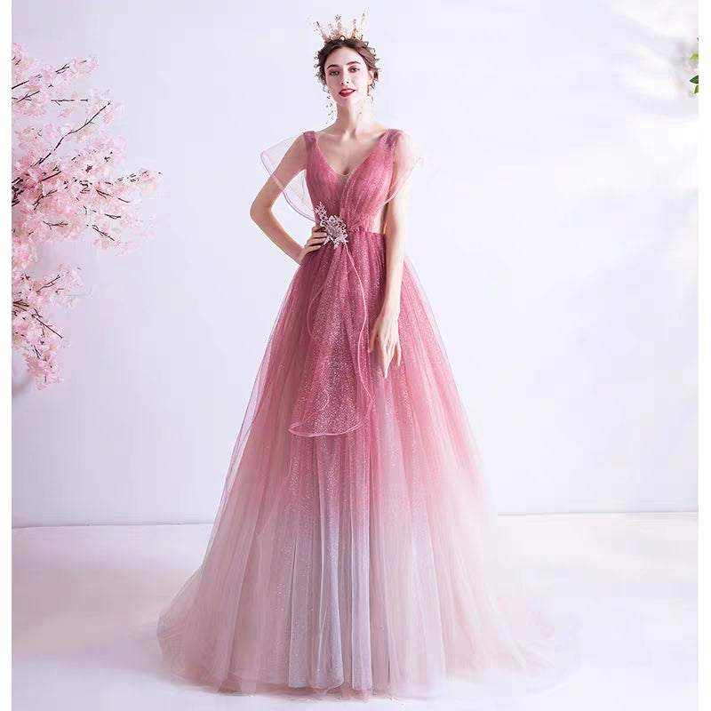 Angel Wedding Gown Fairy-hearted Pink Gradient Starry Skirt Bride Wedding Banquet Annual Party Evening Dress 168