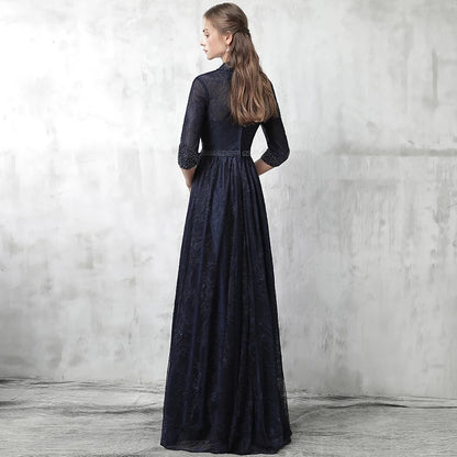 Evening dress female new elegant lady temperament was thin long-sleeved evening banquet host navy blue dress skirt