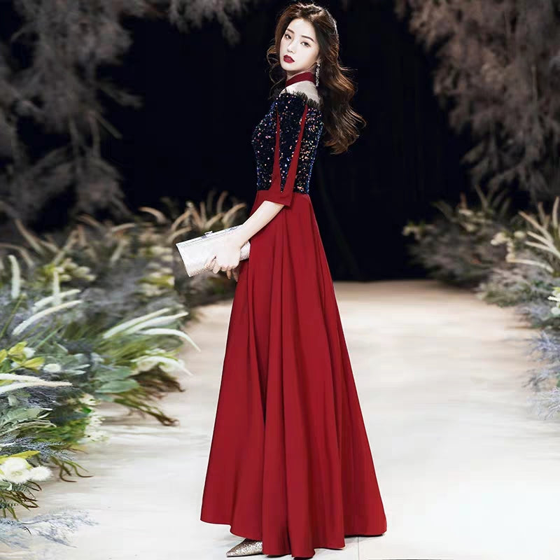 Evening dress skirt female 2019 new winter long black sequin velvet high-end atmosphere temperament big elegant banquet