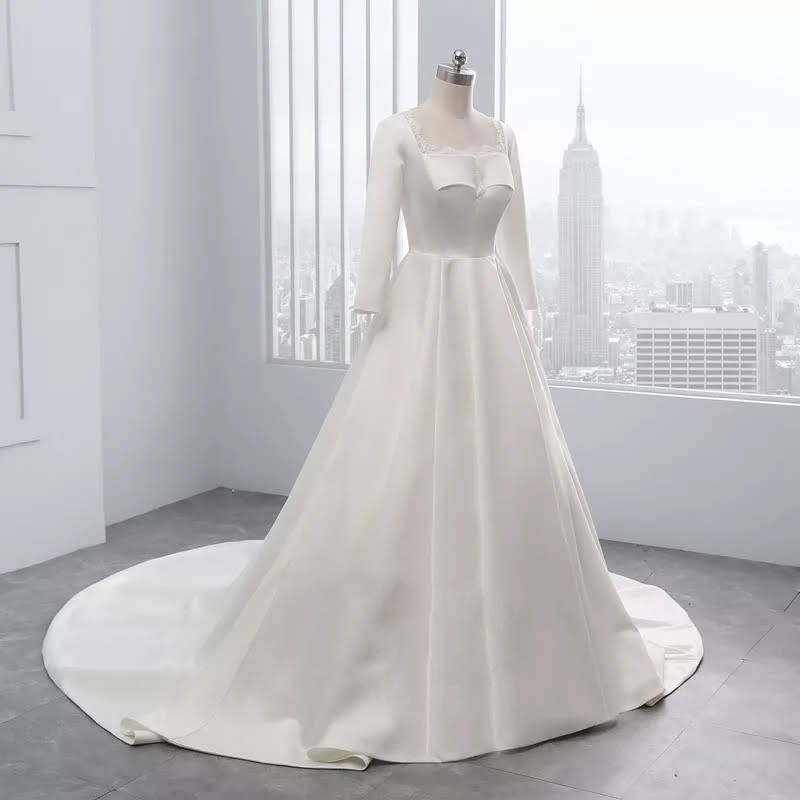 Real Simple Satin Wedding Dresses Long Sleeves Square Collar Zipper Back Elegant Bridal Gowns Vestido De Noiva Simples