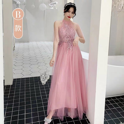 Pink bridesmaid dress 2019 new winter long section annual meeting evening dress skirt sister group wedding dress female was thin