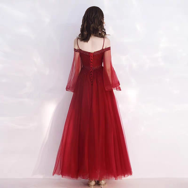 Bride toast clothing female autumn and winter temperament sling wine red wedding thank you feast evening dress long section was thin
