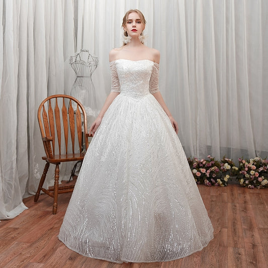 A word shoulder master wedding dress new bride small son out of the yarn French simple show thin star girl light.