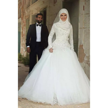 Arabic Islamic Muslim A Line Wedding Dresses Lace Winter Bridal Gowns Long Sleeves High Neck Midwest Pakistani Abaya Dress