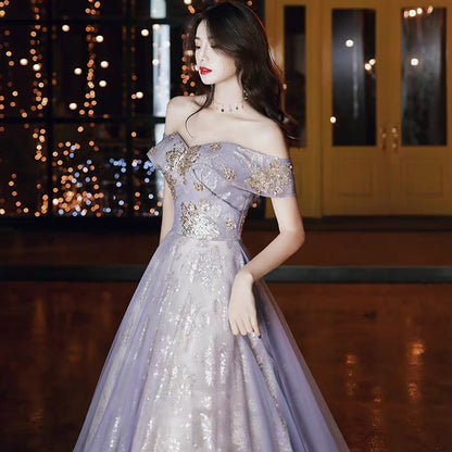 One-shoulder evening dress 2019 new French retro court banquet noble temperament long section slim dress female