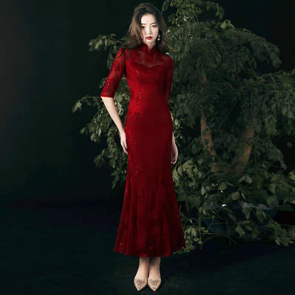 Toasted bride cheongsam 2020 new wine red fishtail retro Chinese wind back door casual wedding dress