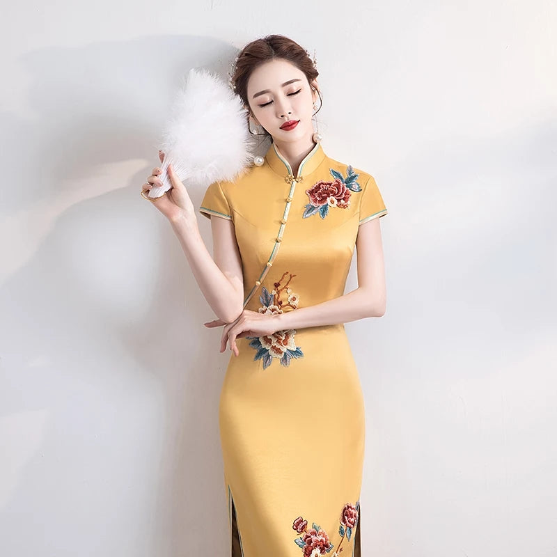Chinese Style Party Women Floor Length Dress Embroidery Elegant Banquet Long Qipao Female Slim Cheongsam Gowns