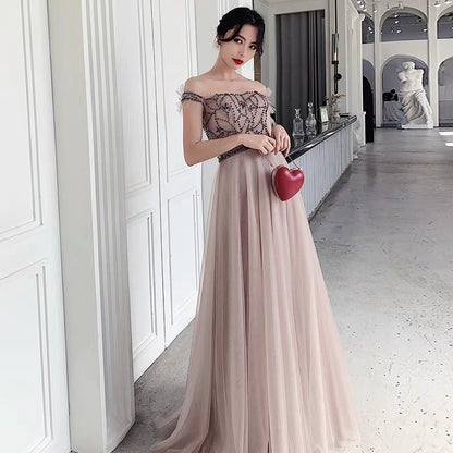 Banquet evening dress new temperament noble and elegant beaded word shoulder annual meeting host dress skirt long section
