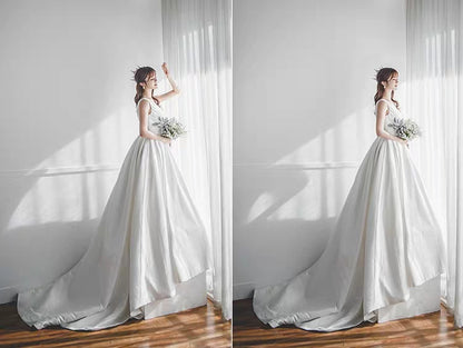 New satin main wedding dress big drag tail bride wedding dress V-neck fluffy princess dream brigade shoot Hepburn