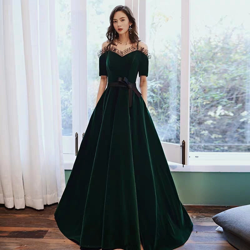 Velvet green evening dress women's 2020 new spring one-piece shoulder noble elegant annual conference host dress long