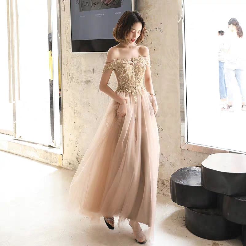 Evening dress female new champagne color word shoulder long paragraph noble ladies temperament birthday party dress skirt