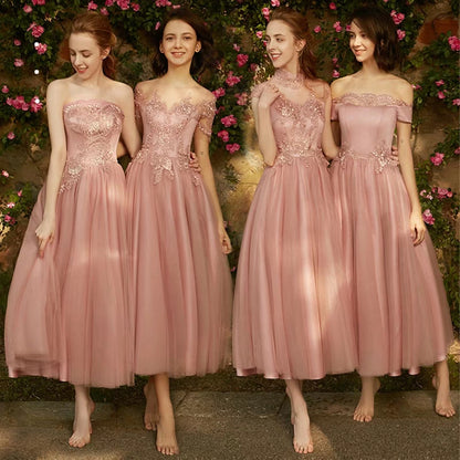 Bridesmaid dress women 2020 new winter pink mid-length evening dress banquet sisters group fairy temperament is particularly thin