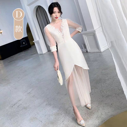 Champagne bridesmaid dress 2019 new winter annual party evening dress skirt long sister group wedding dress was thin