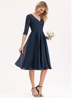 Short Bridesmaid Dresses A-Line V-neck Knee-Length Chiffon Bridesmaid Dress With Pockets