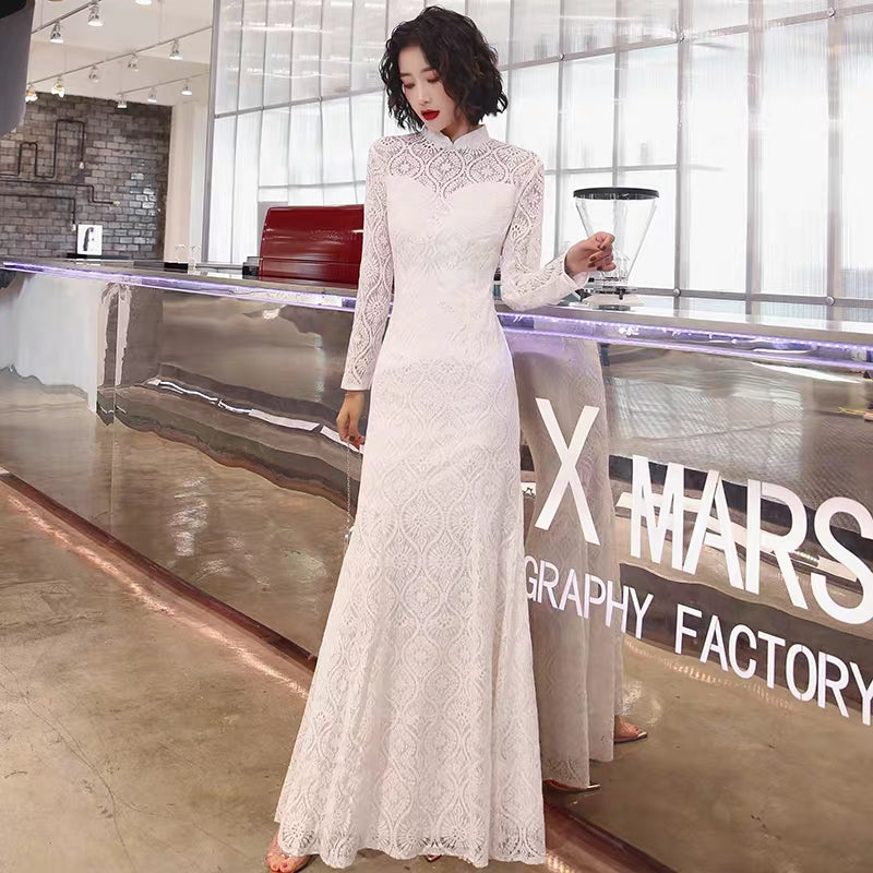 French cheongsam young improved girl dress women's white long fishtail banquet retro elegant Chinese wind