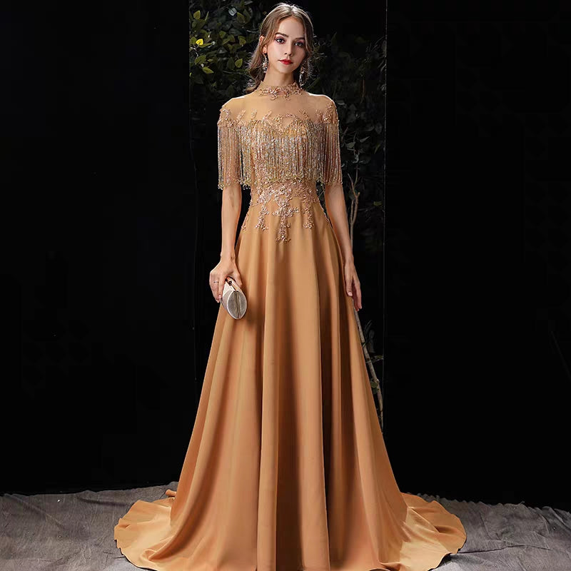Evening dress femal new banquet high-end atmosphere golden host dress skirt elegant satin high-quality texture