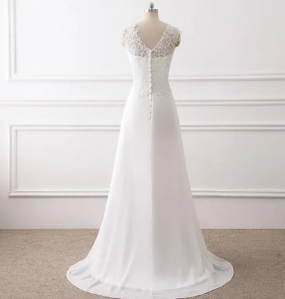 Elegant Cap Sleeve V-Neck Backless Lace Beading Chiffon A-Line Bride Dress Wedding Dress