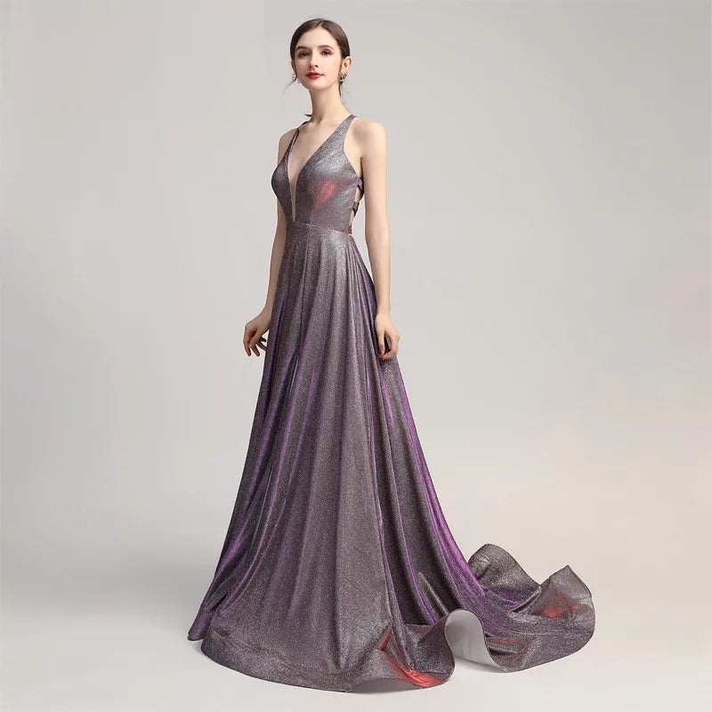 Elegant V-neck Sequin Long Prom Evening Dresses Lace Up Court Train Formal Party Gown Pageant Dress
