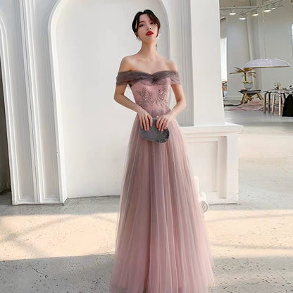 Banquet evening dress female new pink word shoulder long paragraph noble fairy temperament birthday party dress