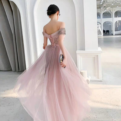 Banquet evening dress female new pink word shoulder long paragraph noble fairy temperament birthday party dress