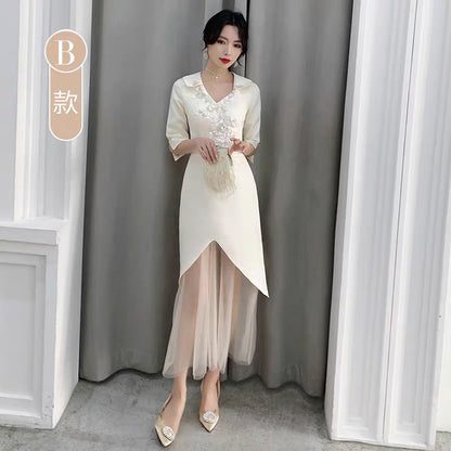 Champagne bridesmaid dress 2019 new winter annual party evening dress skirt long sister group wedding dress was thin