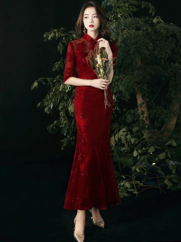 Toasted bride cheongsam 2020 new wine red fishtail retro Chinese wind back door casual wedding dress