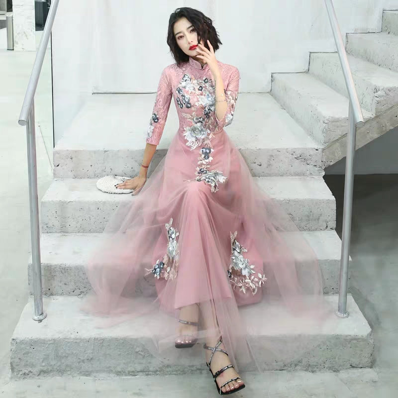 Chinese toast clothing bride cheongsam 2019 new autumn and winter long wedding dress skirt thank you feast in the sleeves thin female