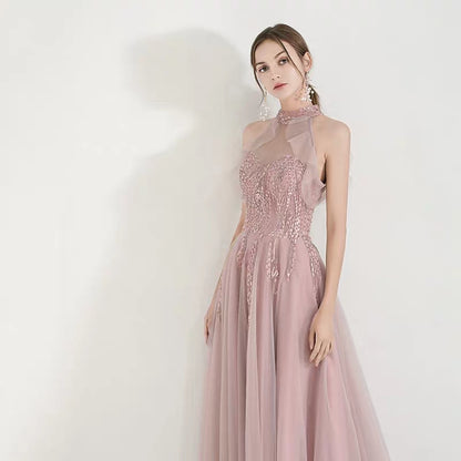 Temperament hanging neck evening dress skirt female 2019 autumn new banquet pink gas field queen bride wedding toast