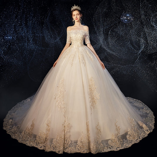 A word shoulder wedding dress new simple small bride out of the super-sensen system dream starry tail to show thin.
