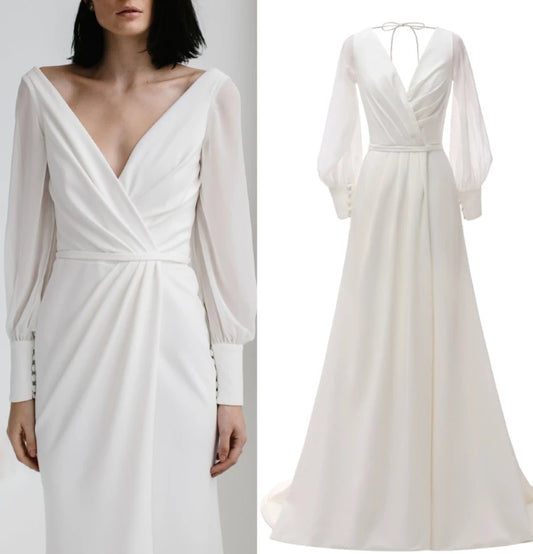 Long sleeve simple satin chiffon bridal wedding dress gown