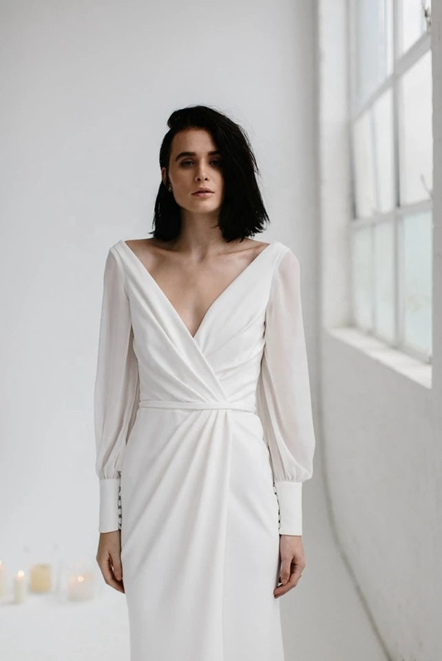 Long sleeve simple satin chiffon bridal wedding dress gown