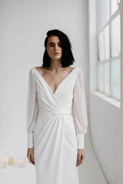 Long sleeve simple satin chiffon bridal wedding dress gown