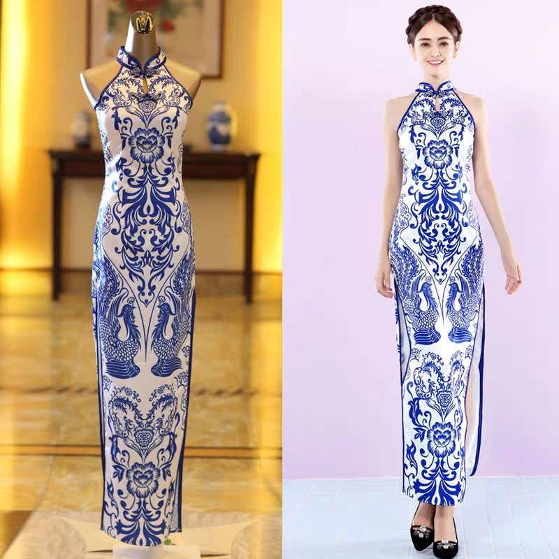 Blue and white porcelain cheongsam long stage catwalk improved costume Chinese style Chinese dress wholesale 10077