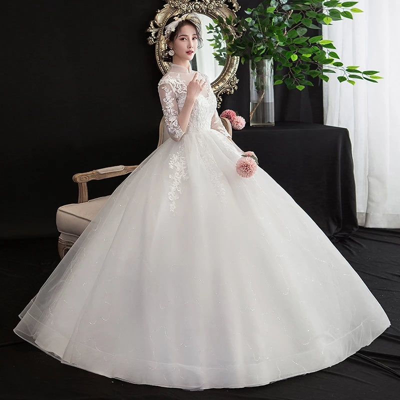 AR714 Elegant High Collar Wedding Dress Plus Size Three Quarter Sleeve Sequin Vestidos De Novia