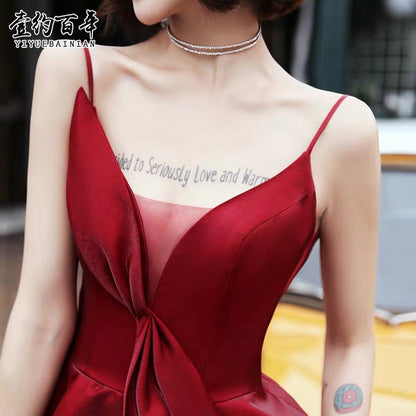 Banquet bride toast dress wedding new sling red strap long small small back door suit