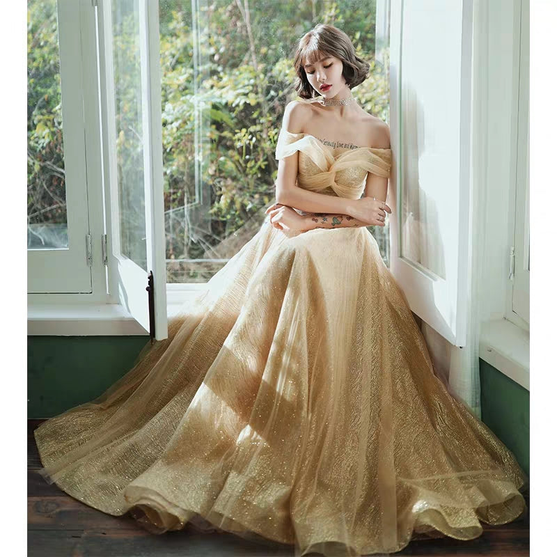 High-end atmospheric evening dress 2020 new noble elegant banquet gas field queen gold long annual dress skirt