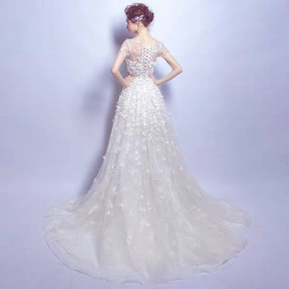 Elegant and romantic flower fairy Princess bride lace trailing wedding dress 6009