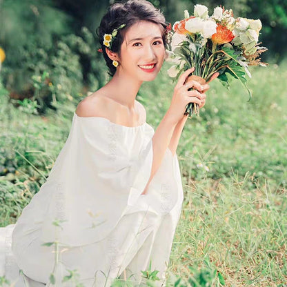 New Wedding Dress Shoulder Trumpet Sleeve Bride Marry Fishtail Slim Dress Simple Sen Department Travel Shoot Gauze