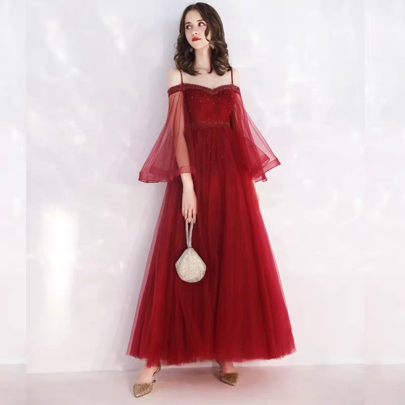 Bride toast clothing female autumn and winter temperament sling wine red wedding thank you feast evening dress long section was thin