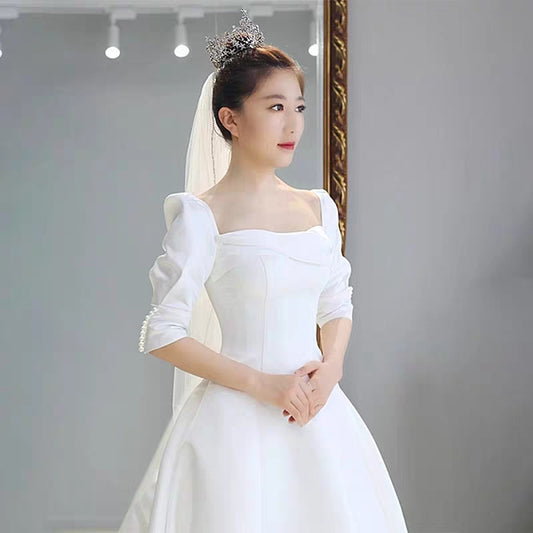 French light wedding dress long-sleeved cover arm new bride welcome yarn heavy-length drag hepburn wind satin