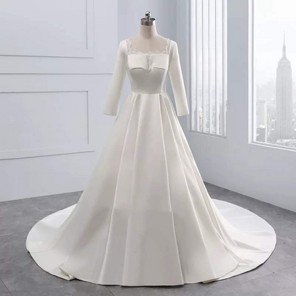 Real Simple Satin Wedding Dresses Long Sleeves Square Collar Zipper Back Elegant Bridal Gowns Vestido De Noiva Simples